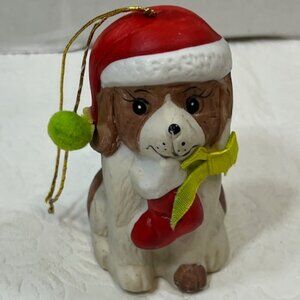VTG Ceramic Christmas Dog Bell Santa Hat Stocking Holiday Ornament 3"